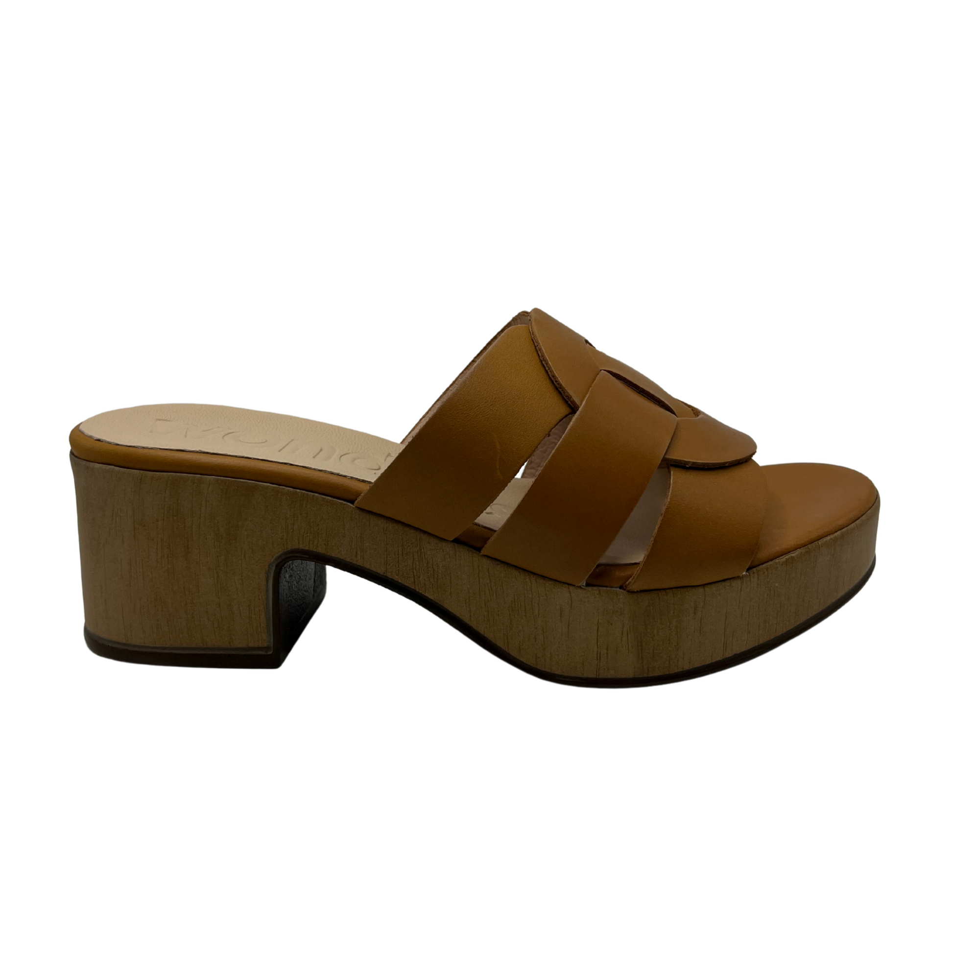 Right facing view of tan leather strapped slide on sandal with a chunky block heel and platform toe.