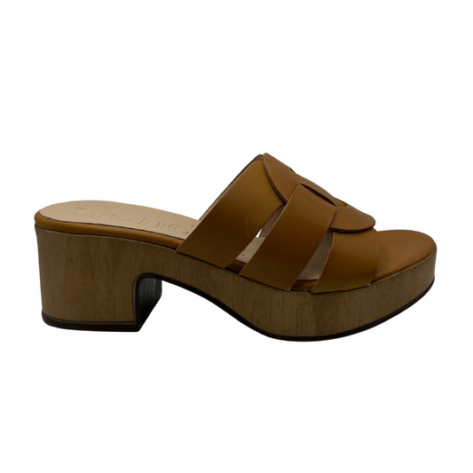 Right facing view of tan leather strapped slide on sandal with a chunky block heel and platform toe.