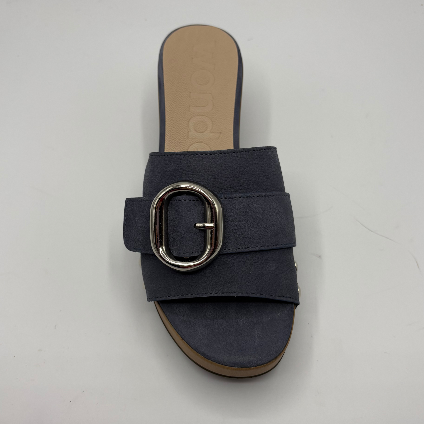 Navy blue sandal with a large buckle on a light gray background