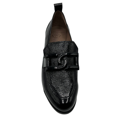 Top view of black patent leather loafer with wedge lug sole