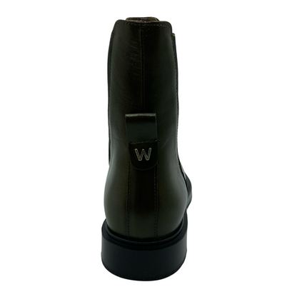 Back view of green leather short boot with black outsole
