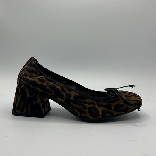 Leopard print high heel shoe on a gray background