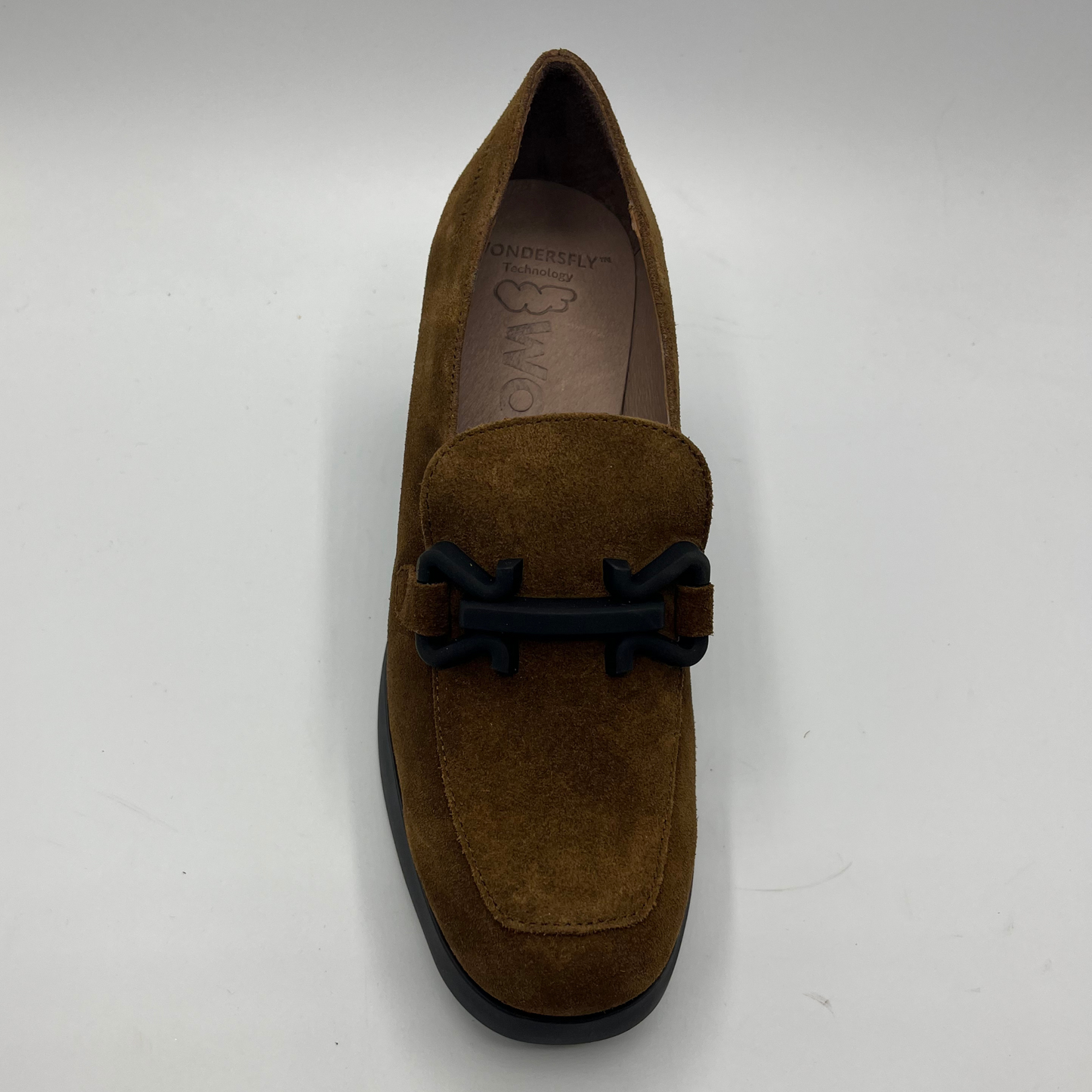 Brown suede loafer shoe on a white background