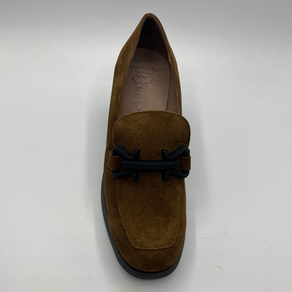 Brown suede loafer shoe on a white background