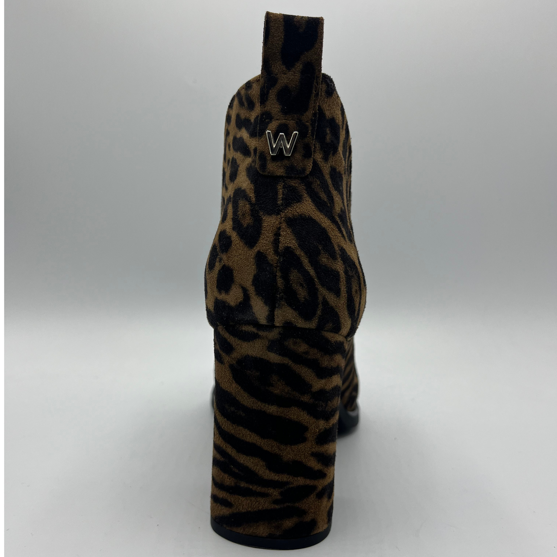 Leopard print boot with a brand logo on a light gray background