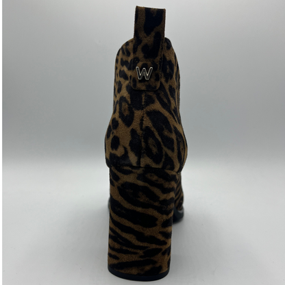 Leopard print boot with a brand logo on a light gray background