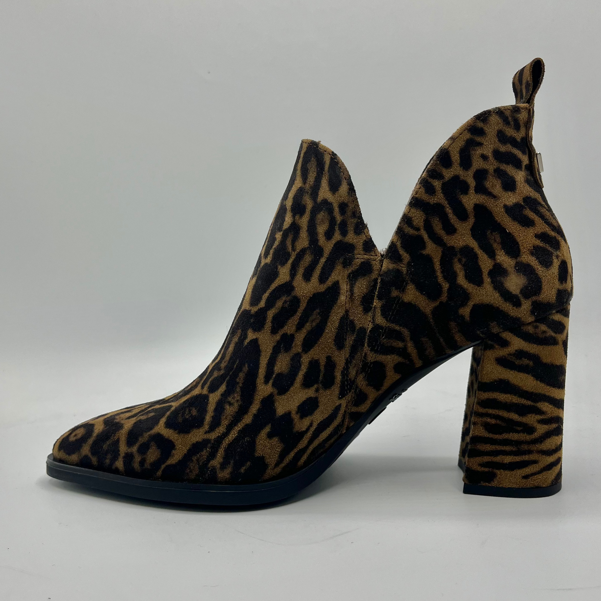 Leopard print ankle boot on a gray background