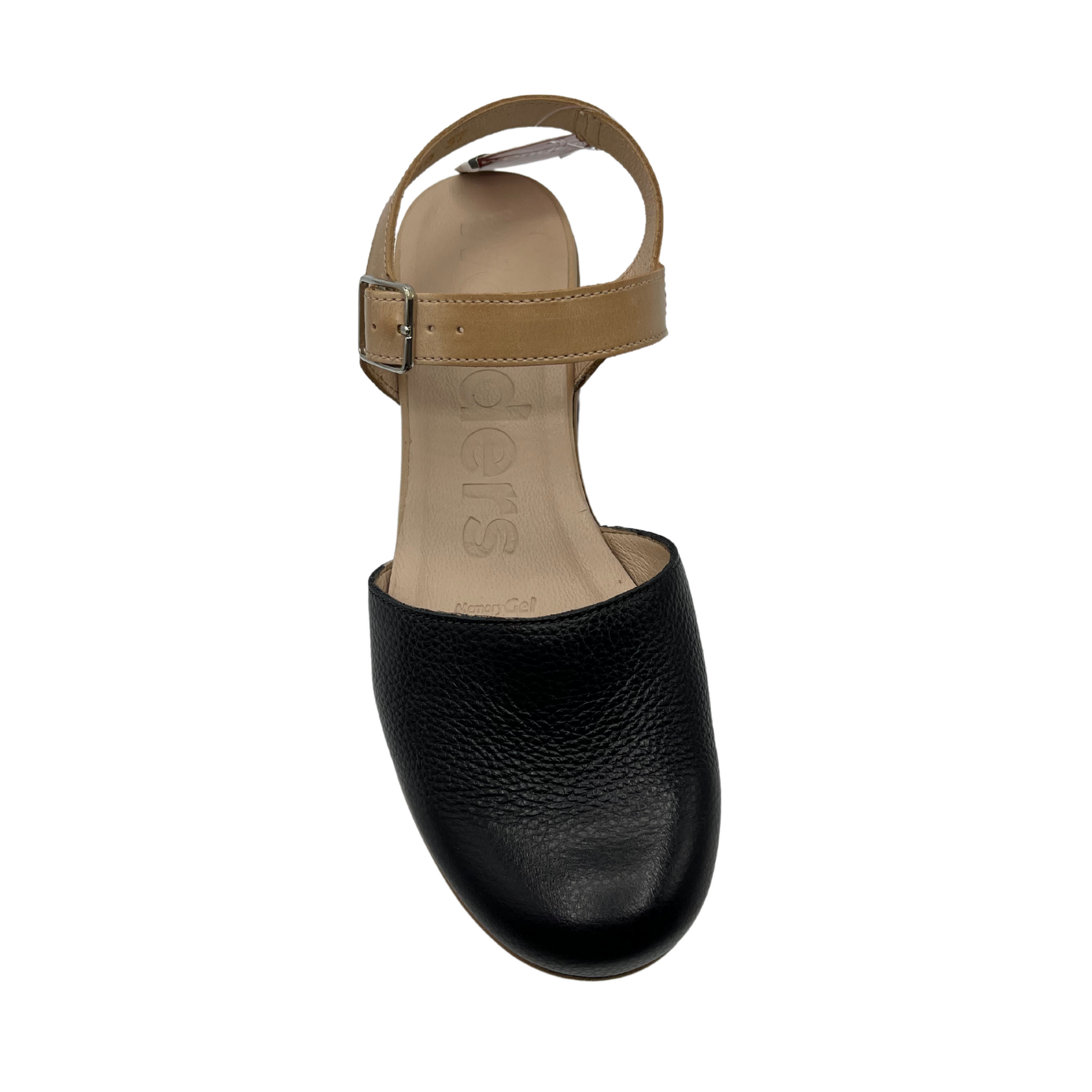 Top view of black and tan clog with ankle strap, rounded toe and chunky sole