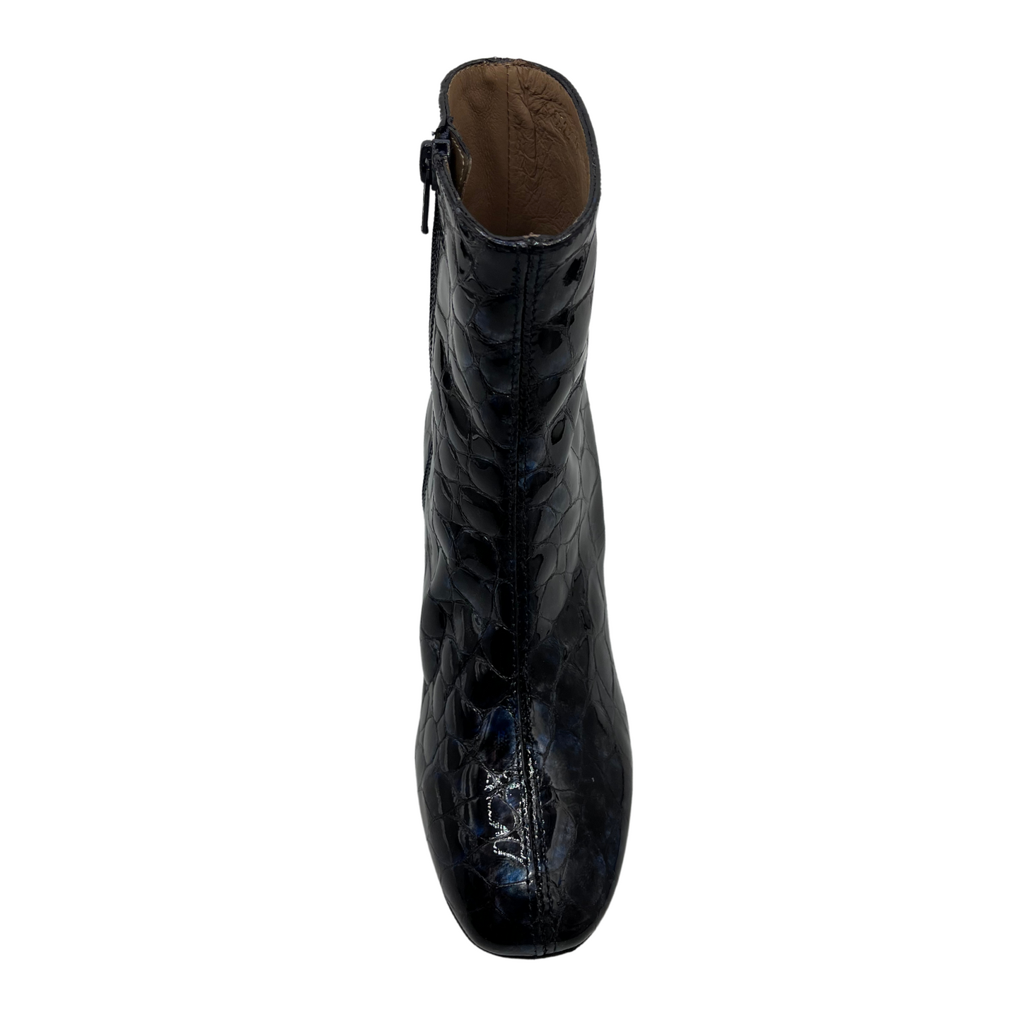 Top view of deep blue patent textured leather short boot. Short block, side zipper closure and rounded toe