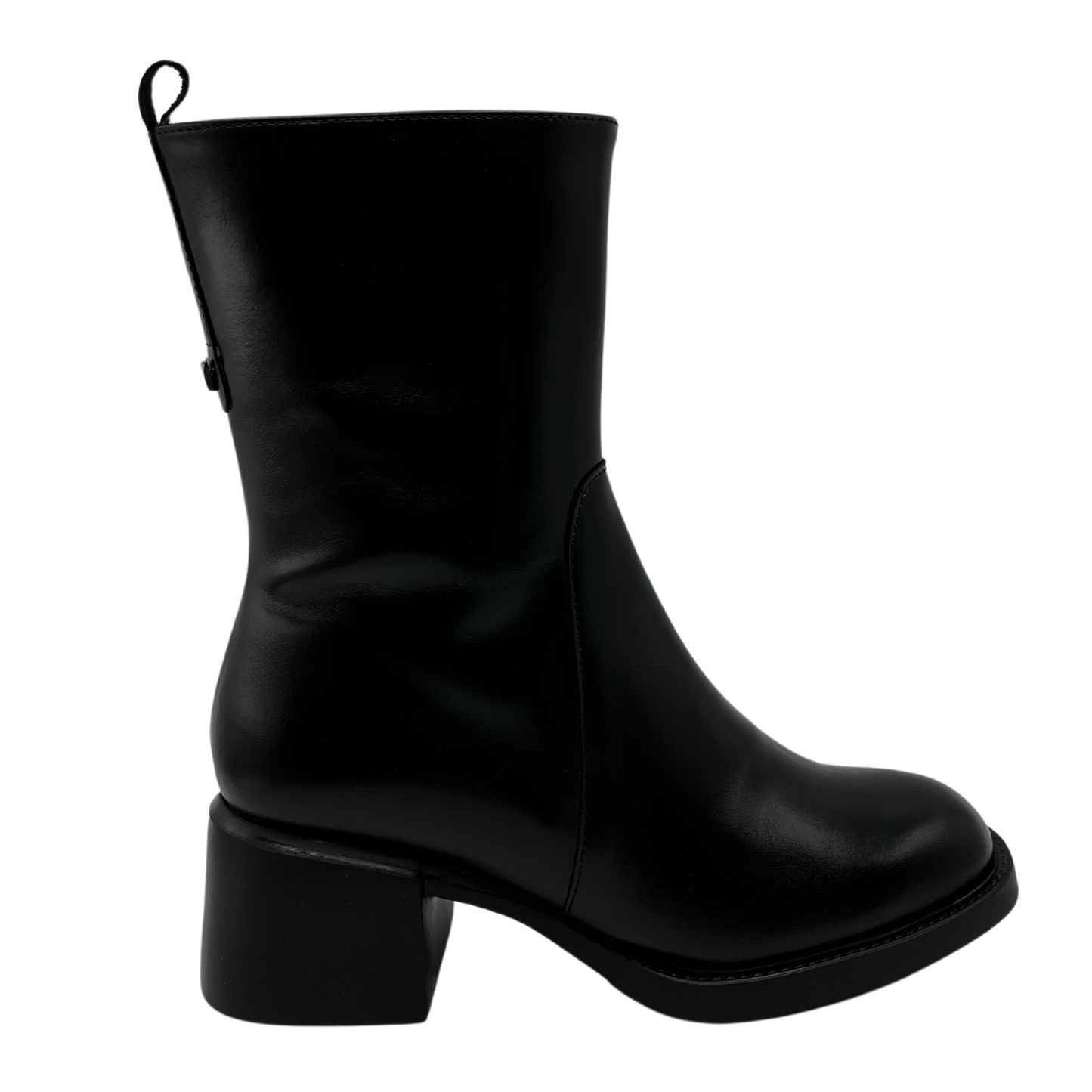 Right facing view of black leather short boot with chunky heel and pull on tab