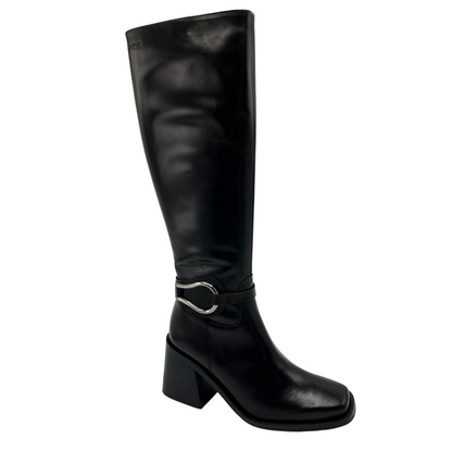 45 degree angled view of tall, black leather boot. Block heel, rounded toe and side zipper closure