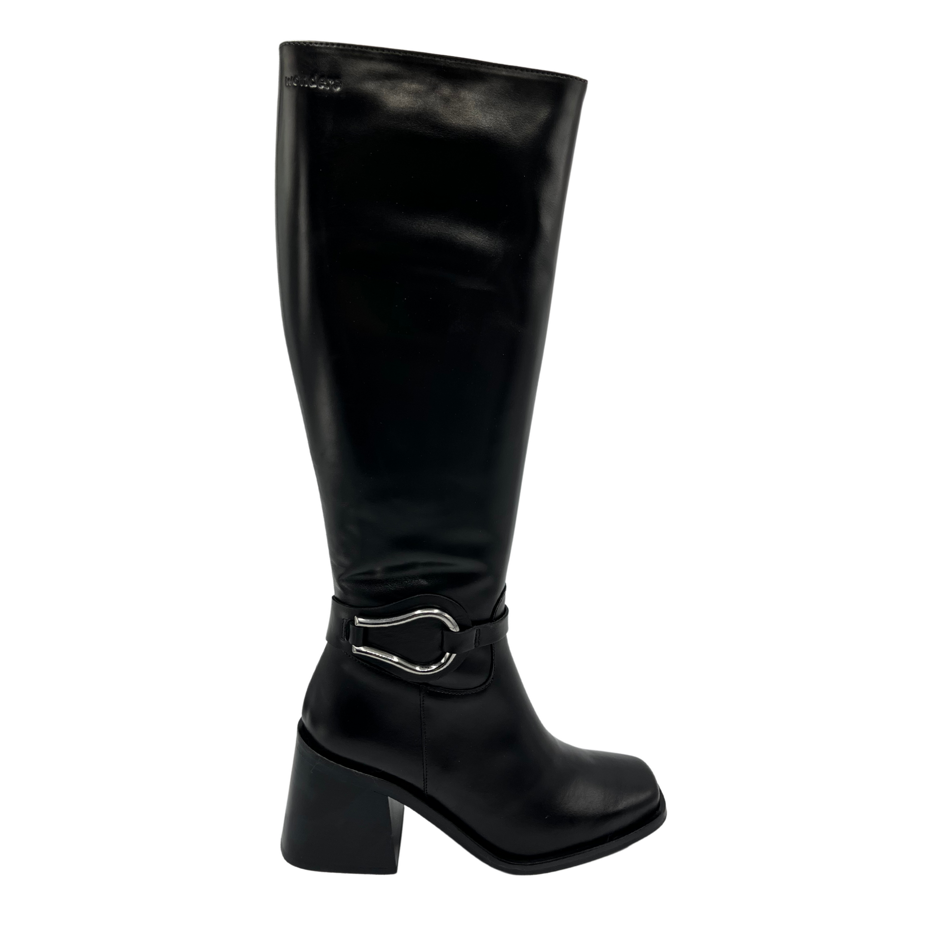 Right facing view of tall, black leather boot. Block heel, rounded toe and side zipper closure