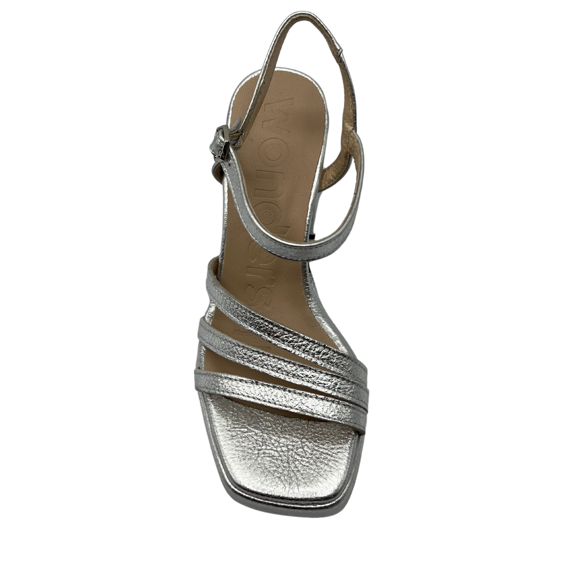 Top view of metallic sandal with thin ankle strap and square toe