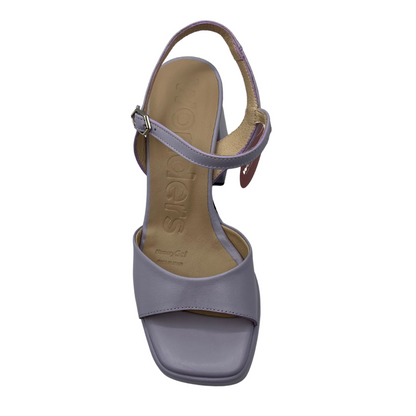 Top view of leather, lavender-coloured sandals with chunky flared heel, thin ankle strap and square toe