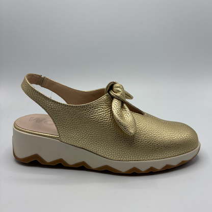 Gold shoe with a bow on a gray background