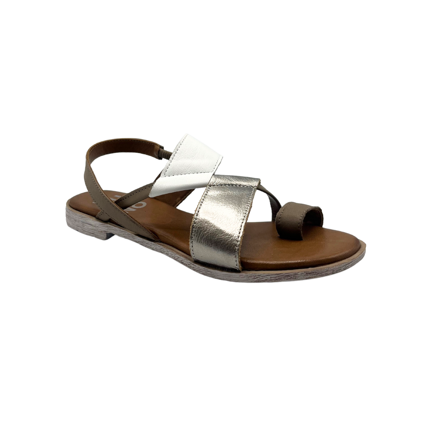Slip on leather sandal with a toe loop at front and heel strap.  Slip on style shown in white combo - mix of white leather, dk brown and silver