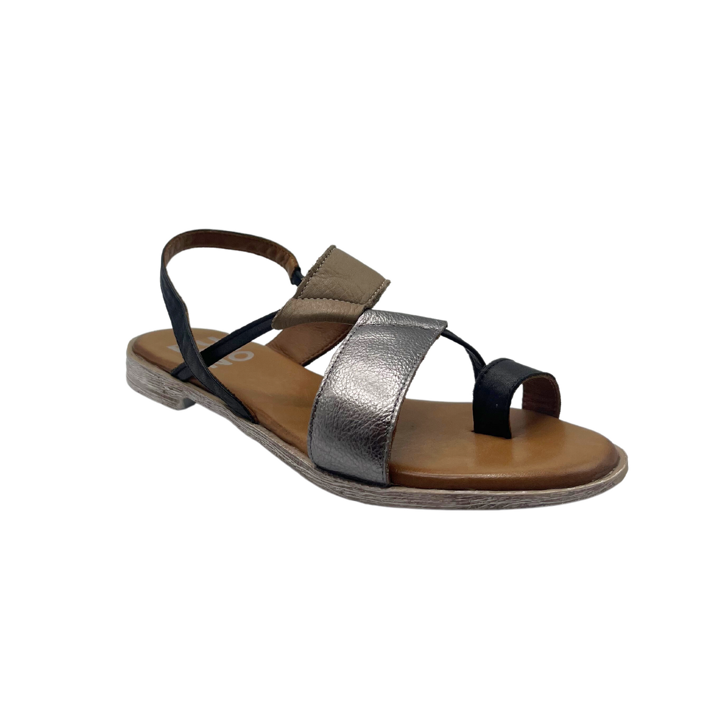 Angled front view of a flat, slip on style sandal with a heel strap and toe loop.  Shown in a leather combo of black, silver and tan
