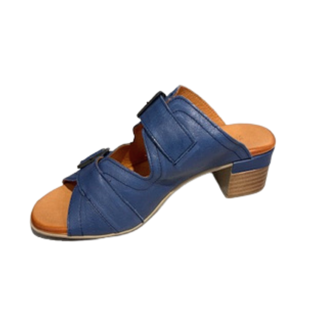 Blue sandal with wooden sole on a white background