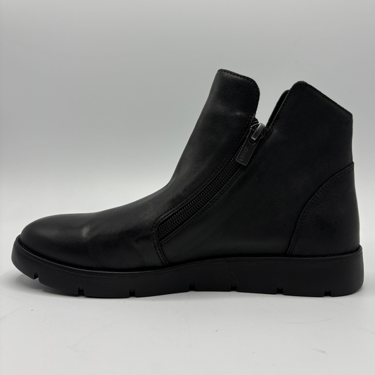 A single black leather ankle boot with a side zipper, shown in a side profile view against a light gray background.