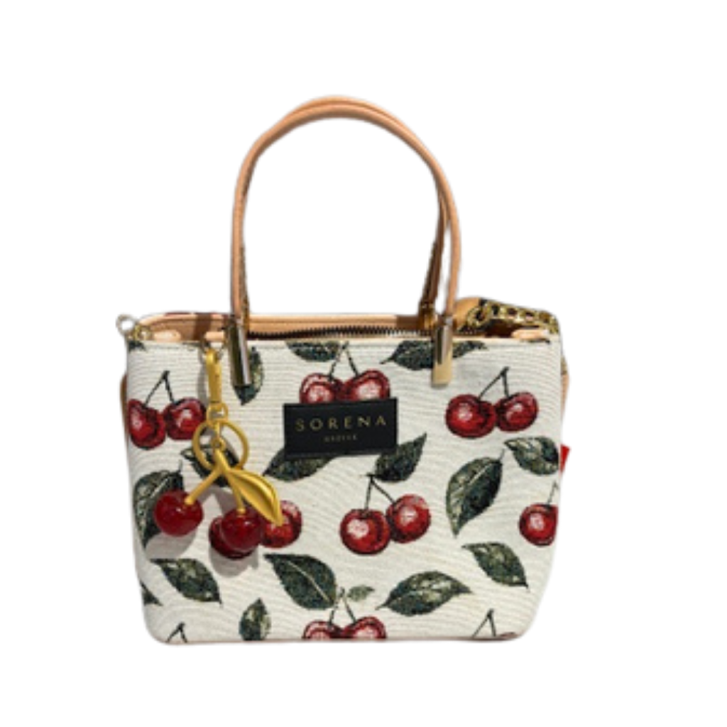 Handbag with cherry pattern and 'Lorena' brand label on a white background