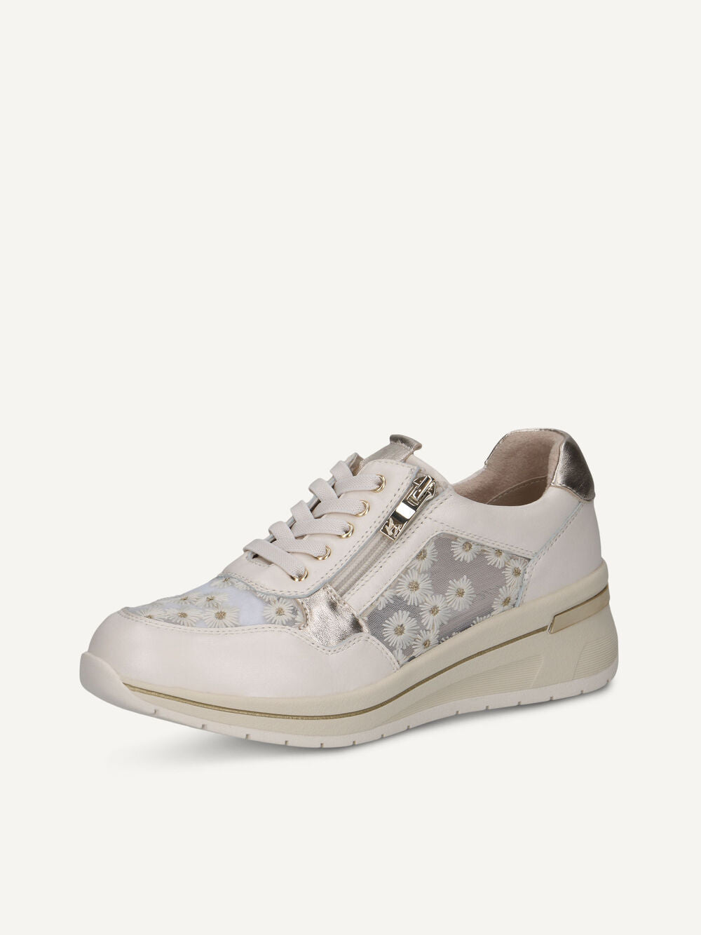 White sneaker with  sheer floral panels on a white background