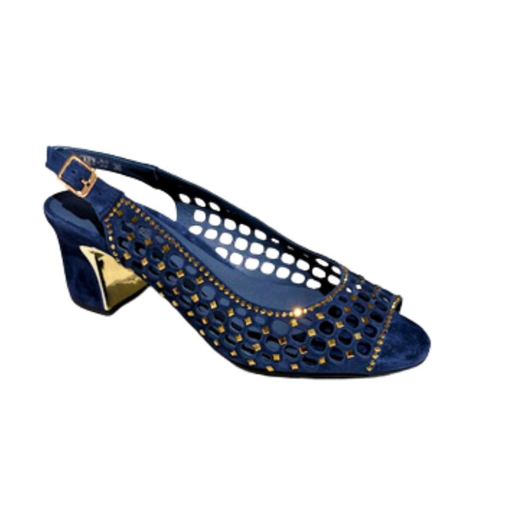 Blue sandal with gold accents on a white background