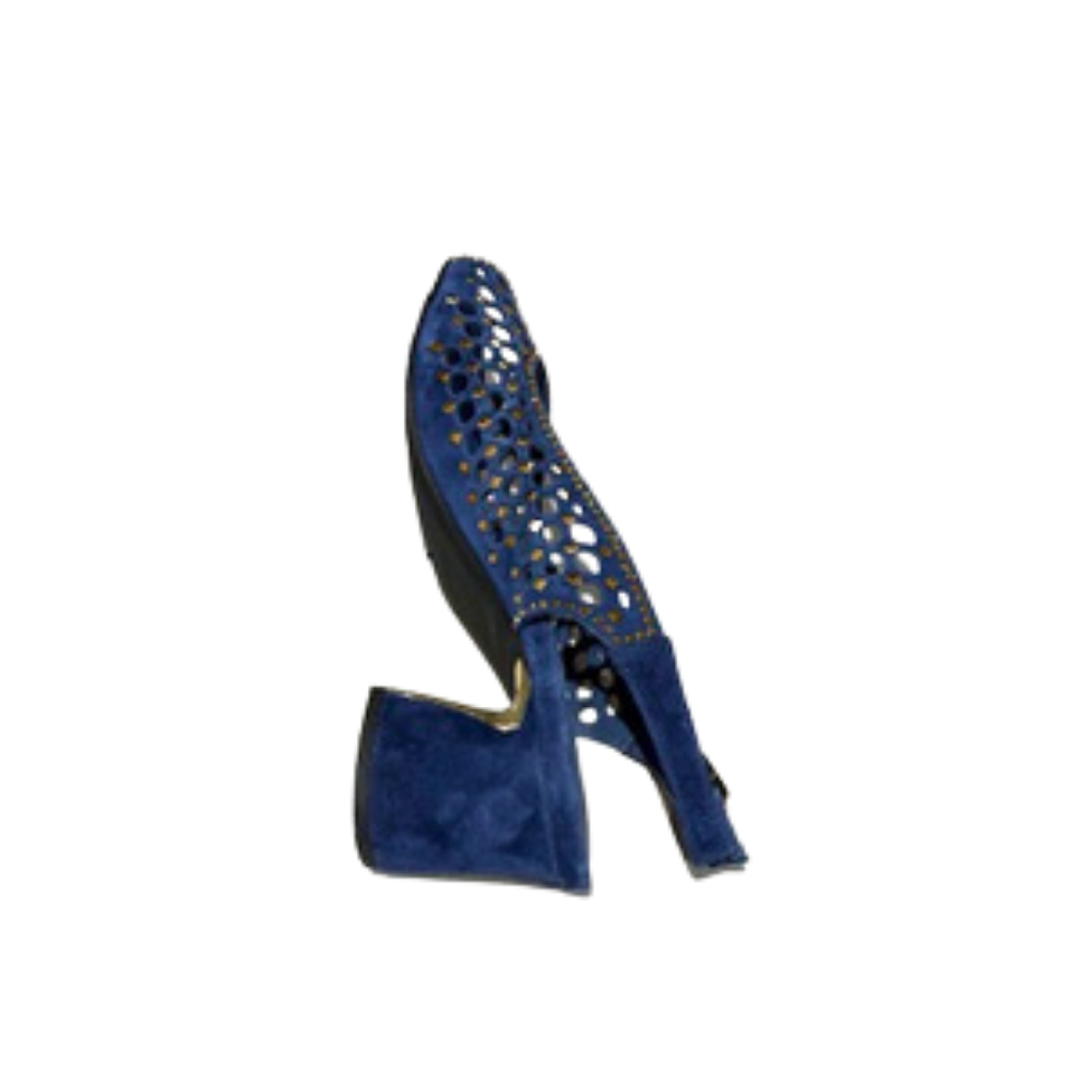 Blue high-heeled shoe with cut-out design on a white background