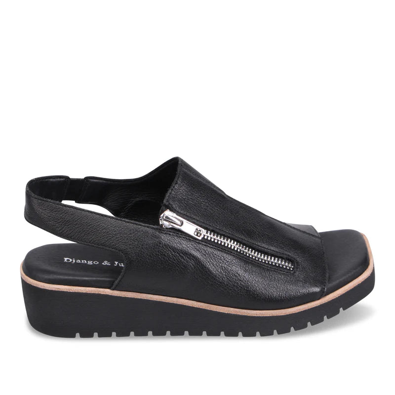 Black sandal with a zipper on a white background