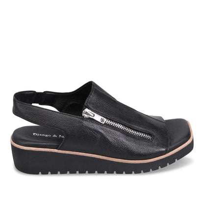 Black sandal with a zipper on a white background