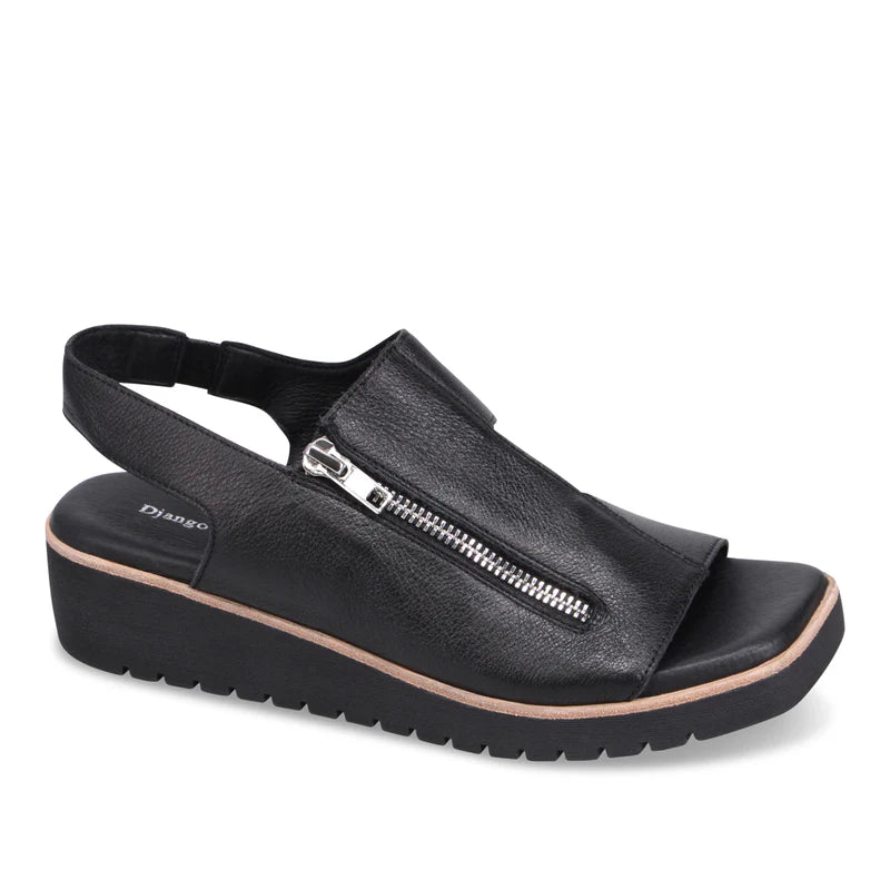 Black sandal with a zipper on a white background