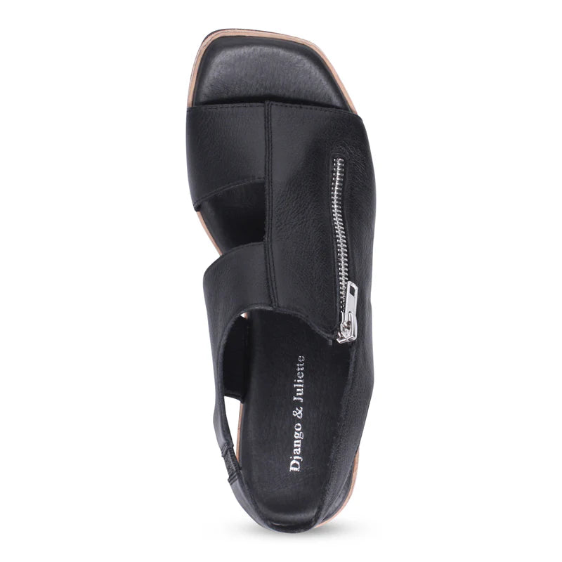Black sandal with a zipper on a white background