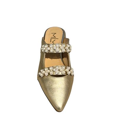 Gold pointed-toe shoe with crystal and pearl embellishments on a white background
