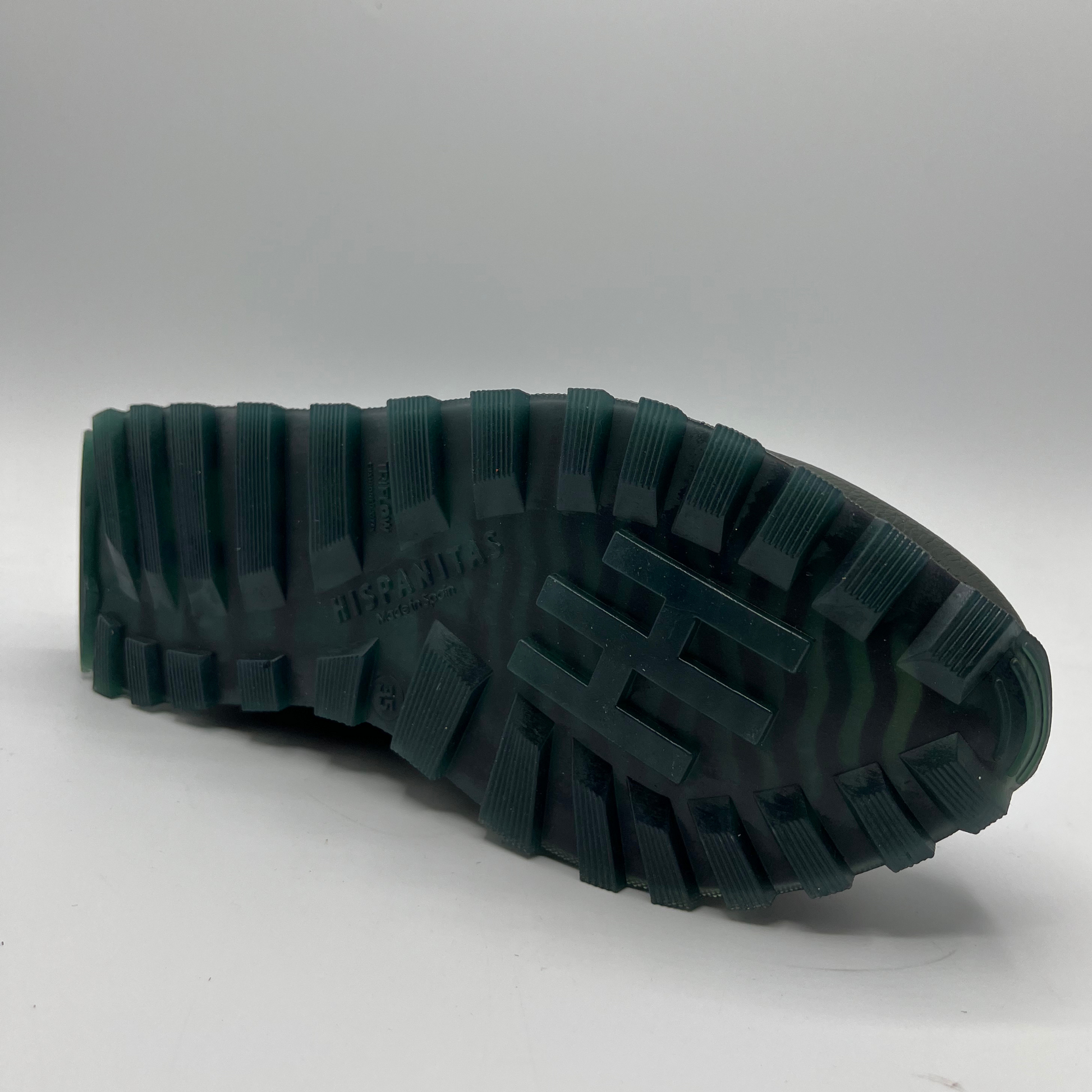 Close-up of a green rubber sole on a white background