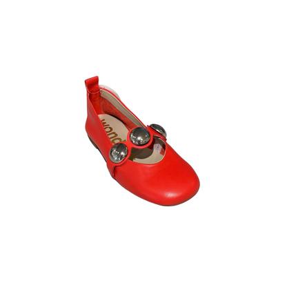 Red shoe with silver embellishments on a white background