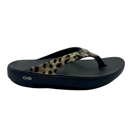 Right facing view of flip flop sandals with a cheetah print strap