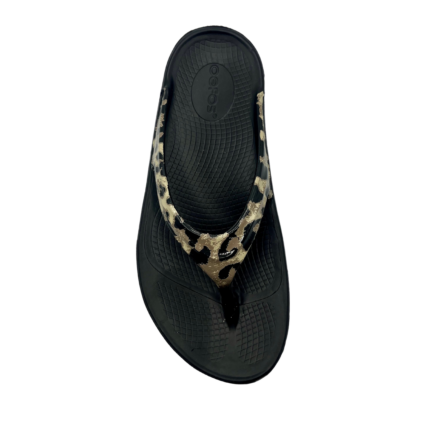 Top view of flip flop sandals with a cheetah print strap