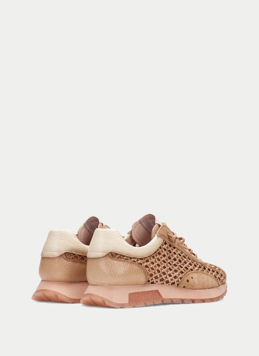 Pair of beige and brown sneakers on a light gray background