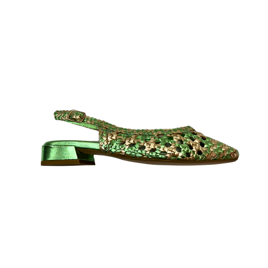 Green and gold sequin shoe on a white background