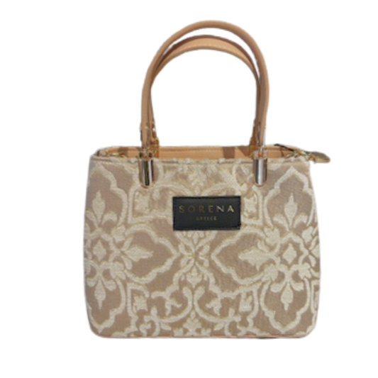 Patterned handbag with 'Sorena' branding on a white background