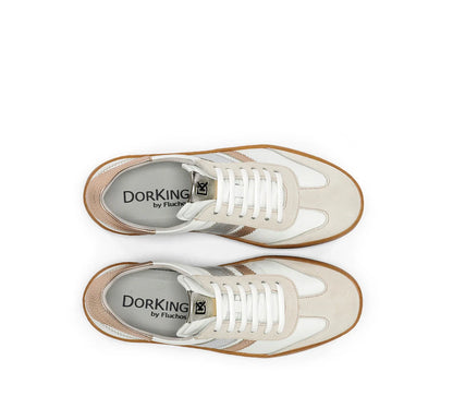 Pair of white sneakers with gum soles on a white background, featuring the brand 'Dorking by Fluches'.