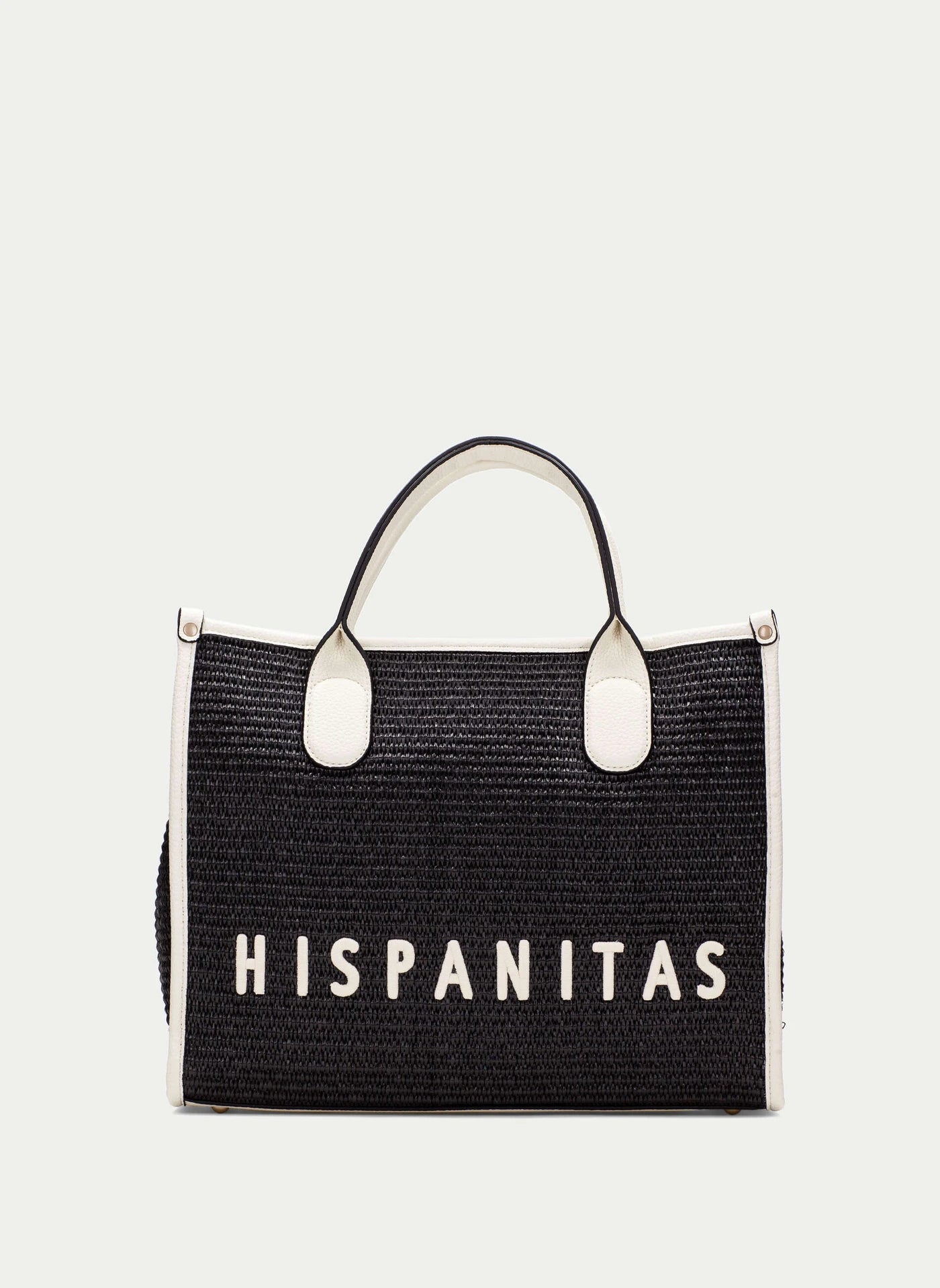 Black tote bag with 'HISPANITAS' text on a white background