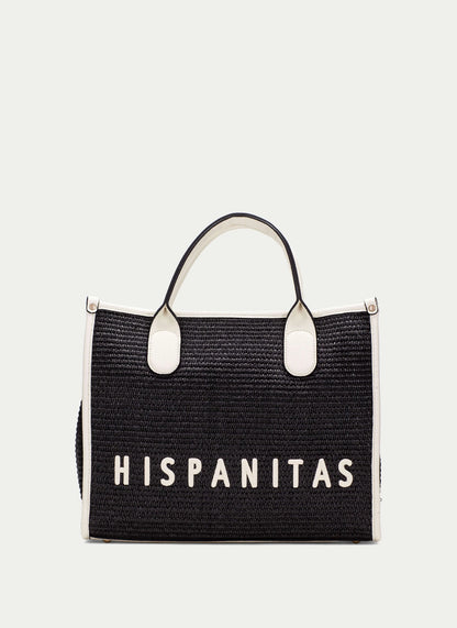 Black tote bag with 'HISPANITAS' text on a white background