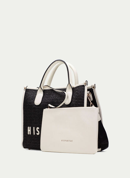 Black and white handbag with 'HIS' text on a light gray background