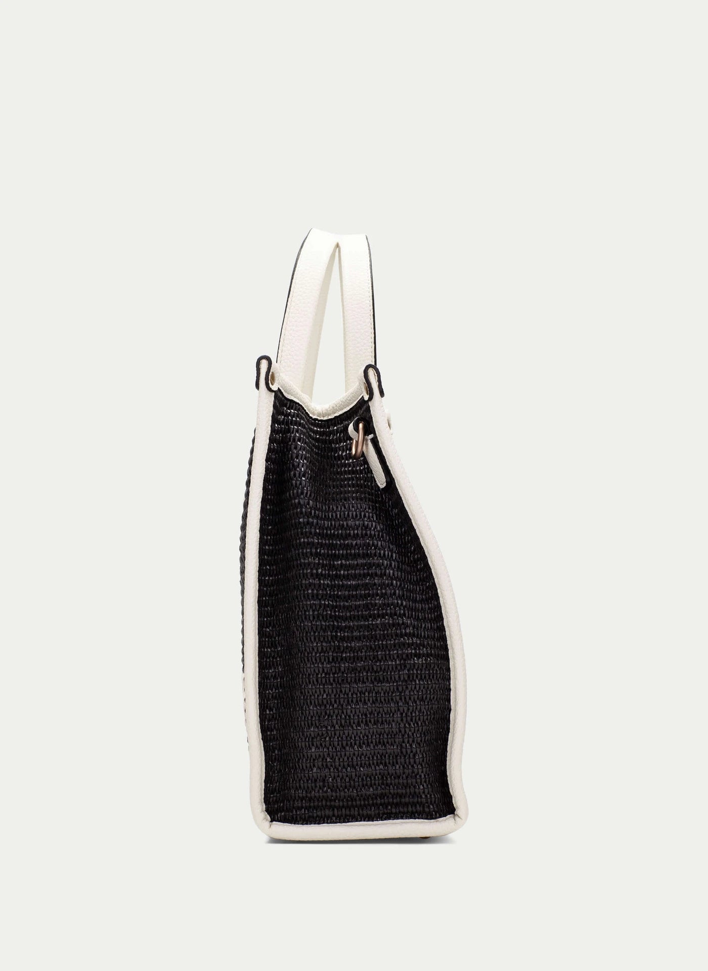 Black textured bag with white trim on a light gray background