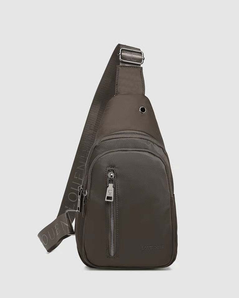 Chocolate sling bag with visible brand logo on a light gray background