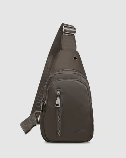 Chocolate sling bag with visible brand logo on a light gray background