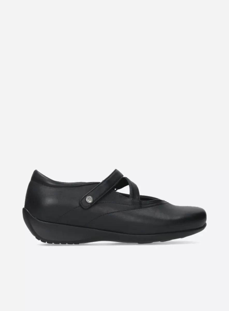 Black shoe with a strap on a white background