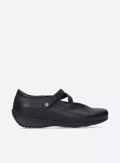 Black shoe with a strap on a white background