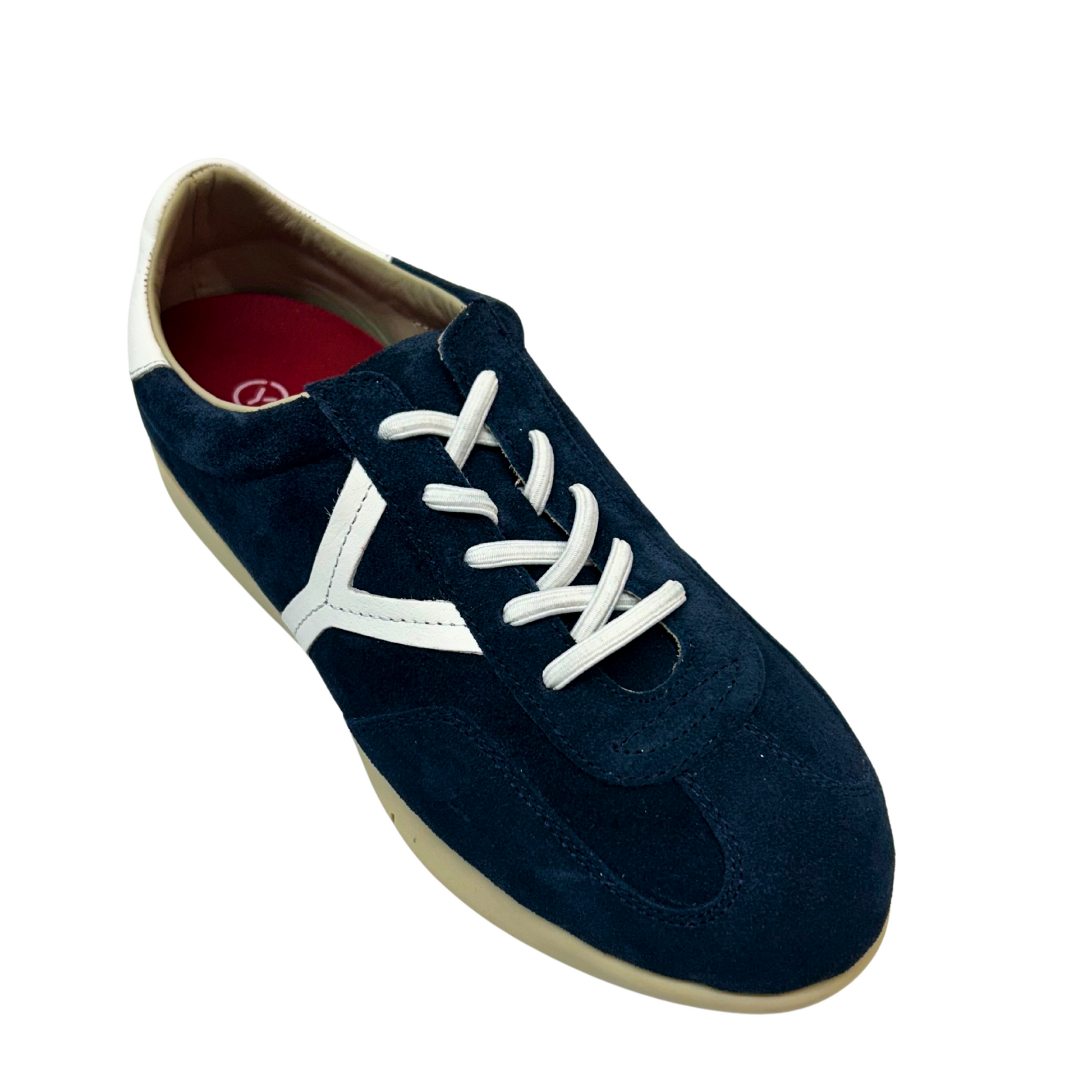 Navy blue shoe with white laces on a white background