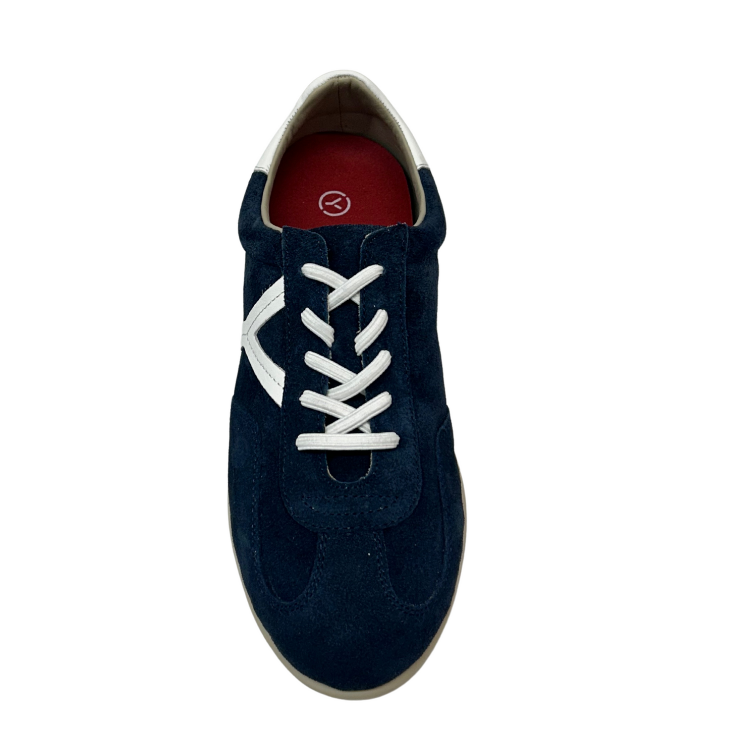 Navy blue sneaker with white laces on a white background